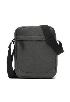 Gray fabric messenger bag with a rectangular shape, adjustable black strap, front zipper pocket, and stitched accents for durability.