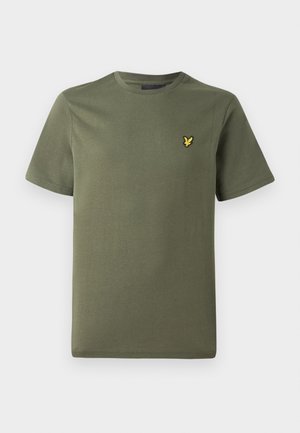 T-shirt en coton vert olive avec des manches courtes, un col rond et un petit logo brodé jaune sur la poitrine gauche. Texture lisse.