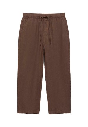 Barna, bő szabású nadrág elasztikus derékpánttal és húzózsinórral, oldalzsebekkel és egyenes szárú fazonban.