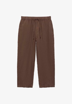 Pantaloni marroni a vestibilità ampia con cintura elastica e coulisse, caratterizzati da tasche laterali e gambe dritte.