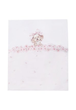Biancheria da letto in cotone con uno sfondo rosa chiaro decorato da un motivo floreale e un adorabile cucciolo illustrato che indossa un fiocco sopra.