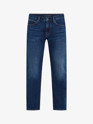 Dunkelblaue Jeans aus Denim mit geradem Bein, ausgestattet mit Vordertaschen, einem Knopfverschluss und subtilen Verfärbungen entlang der Oberschenkel.