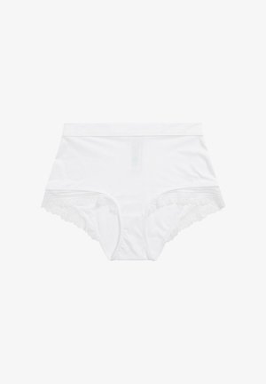 Vysoké biele nohavičky vyrobené z mäkkej tkaniny, s čipkovým lemovaním po stranách a hladkým pásom.