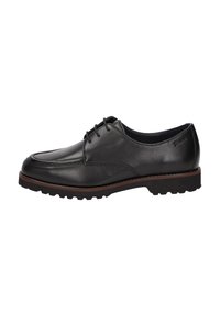 Scarpa in pelle nera con finitura liscia, punta arrotondata, allacciatura a cinque occhielli e suola in gomma testurizzata. Dettagli della suola marrone.