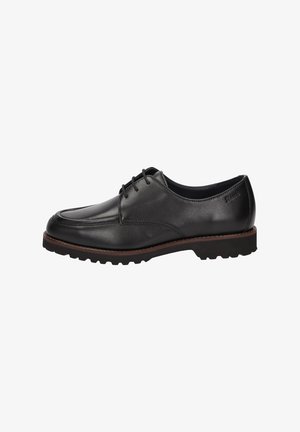 Chaussure en cuir noir au fini lisse, à bout rond, avec un laçage à cinq œillets et une semelle en caoutchouc texturée. Accents de semelle extérieure marron.