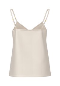 Cream-colored camisole with thin adjustable straps, smooth texture, straight hem, and golden hardware accents. Simple design, no patterns.