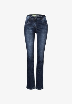 Dunkelblaue Jeans aus Denim mit geradem Bein-Design, ausgestattet mit Fronttaschen, einem Reißverschluss und dezenten Stickdetails.