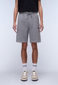 Gray cotton blend shorts with an adjustable drawstring waist and side pockets; features a small logo in black on the left leg.