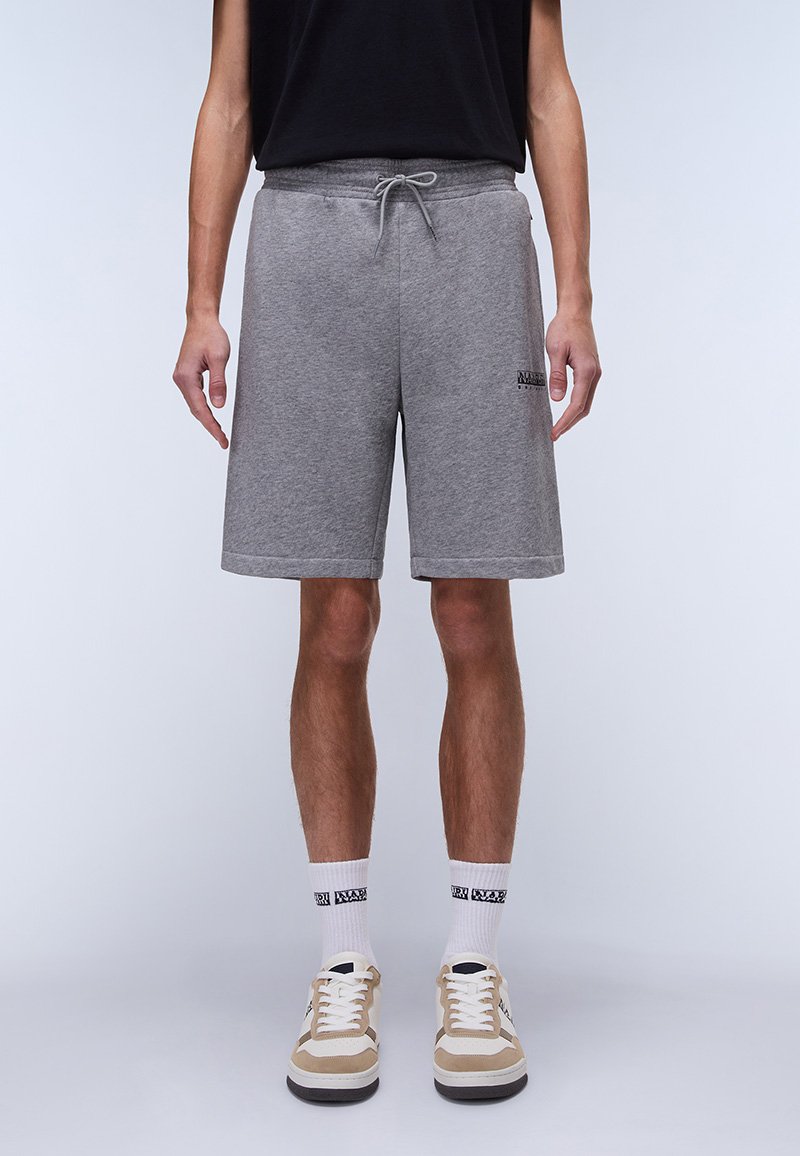 Gray cotton blend shorts with an adjustable drawstring waist and side pockets; features a small logo in black on the left leg.