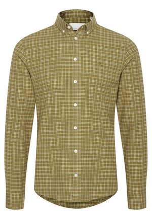 Koszula w zielonym oliwkowym kolorze w kratkę, z długim rękawem, z kołnierzykiem na guziki i guzikami z przodu, wykonana z mieszanki bawełny.