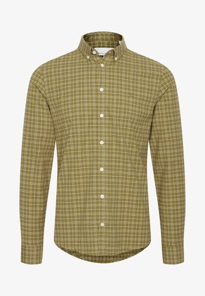Koszula w zielonym oliwkowym kolorze w kratkę, z długim rękawem, z kołnierzykiem na guziki i guzikami z przodu, wykonana z mieszanki bawełny.
