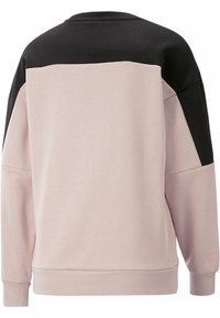Felpa girocollo con un corpo rosa chiaro e pannelli neri sulle spalle, realizzata in un tessuto texturizzato con polsini e orlo a costine.