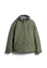 Giacca verde oliva con cappuccio, chiusura a zip, due tasche laterali e rivestimento in fleece grigio. Presenta coulisse regolabili sul cappuccio.