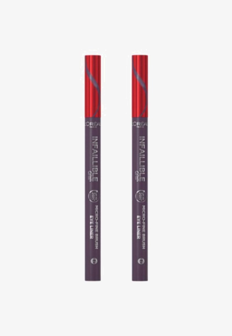 Deux stylos eye liner violet avec des bouchons à vis rouges, dotés d'un pinceau fin et d'un texte indiquant "Infallible Grip Micro-Fine Eye Liner."
