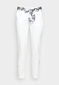 White trousers with a floral patterned fabric belt. Tailored fit, smooth texture, and ankle-length design. Belt features a bow tie closure.