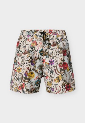 Shorts pour hommes à imprimé floral avec taille élastique et cordon noir sur un fond clair.