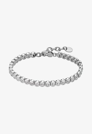 Silber armband mit würfelförmigen Gliedern und kleinen eingearbeiteten klaren Kristallen, ausgestattet mit einem Verschluss und einer verstellbaren Kette zur Größenanpassung.