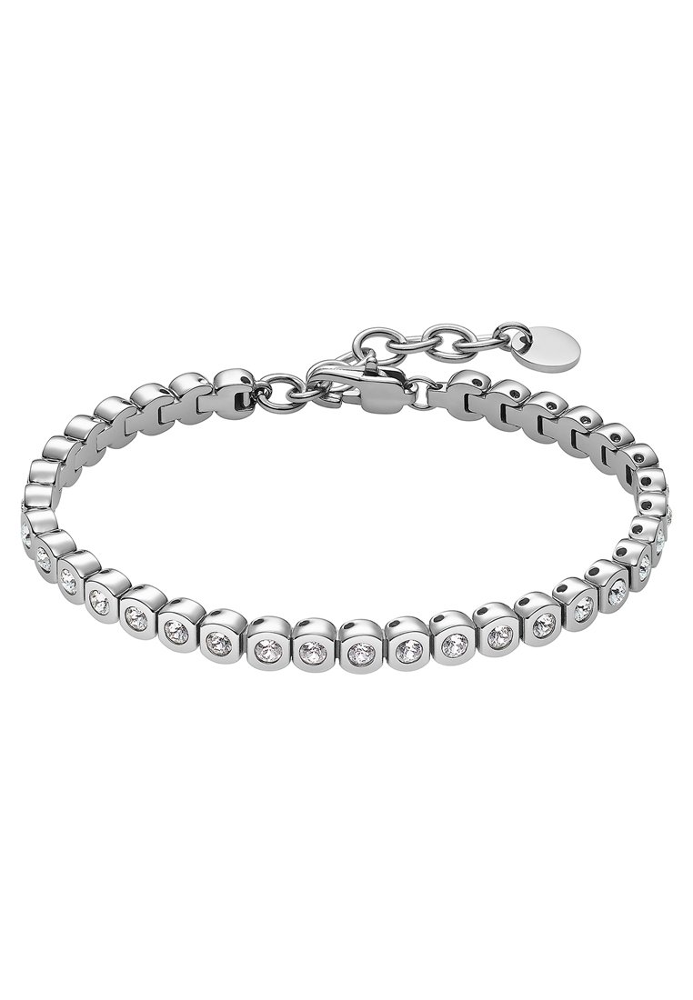 Bracciale d'argento con maglie a forma di cubo e piccoli cristalli trasparenti incastonati, dotato di chiusura e catena regolabile per la personalizzazione delle dimensioni.