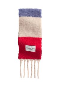 Wool scarf featuring horizontal stripes in blue, cream, and red. Edges have knotted fringe detail. Label is sewn on the red section.