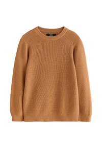Pull en maille marron avec un col rond et des poignets et un ourlet côtelés. La texture est douce, avec un motif simple et uniforme sur l'ensemble.
