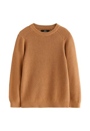 Maglione marrone lavorato a maglia con collo rotondo e polsini e orlo a coste. La trama è morbida, con un motivo semplice e uniforme su tutta la superficie.