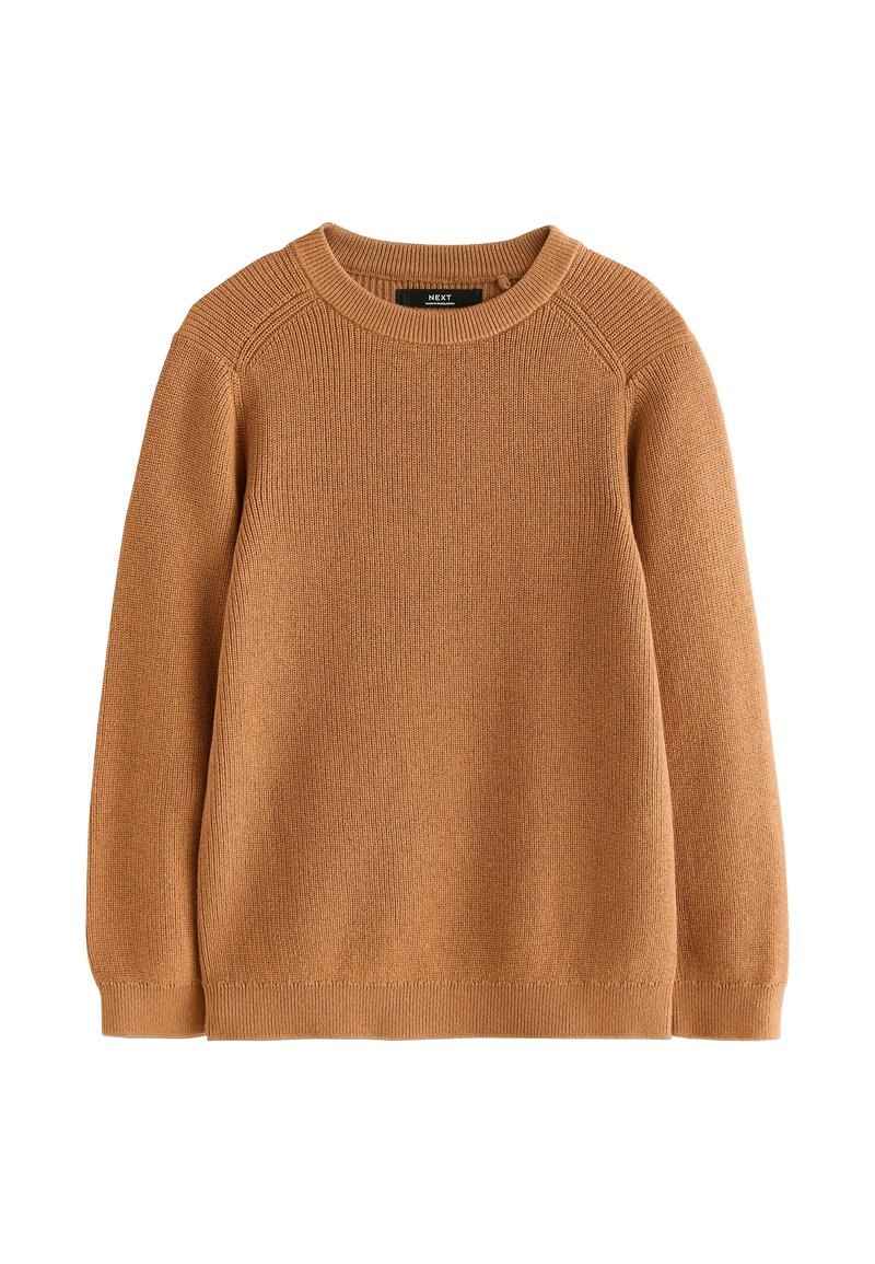 Pull en maille marron avec un col rond et des poignets et un ourlet côtelés. La texture est douce, avec un motif simple et uniforme sur l'ensemble.