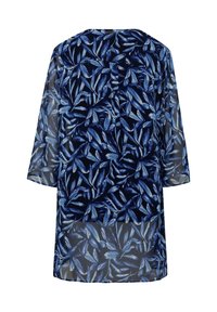 Tunika trasparente blu navy con un motivo di foglie botaniche nelle tonalità di blu. Presenta maniche 3/4 e un design largo e fluido.