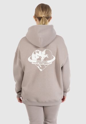 Light gray hoodie with a white graphic design featuring a heart and world map. It has a kangaroo pocket and ribbed cuffs. Cotton material.