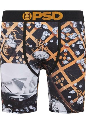 Herre PSD boxer briefs med et sort og guld geometrisk mønster prydet med billeder af diamanter og et logo ved taljen.