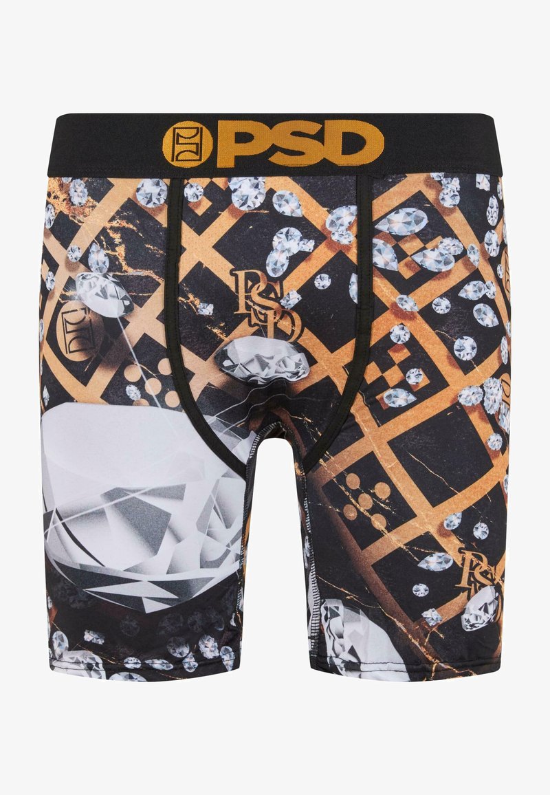 Férfi PSD boksznadrág fekete és arany geometrikus mintázattal, amelyet gyémántok képei és egy logó díszít a derékrészen.