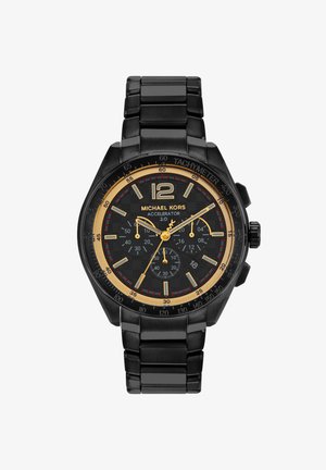 Melna nerūsējošā tērauda pulkstenis ar astoņstūru korpusu, zelta akcentiem, melnu teksturētu ciparnīcu, hronogrāfa funkcijām un takimetra rāmīti.