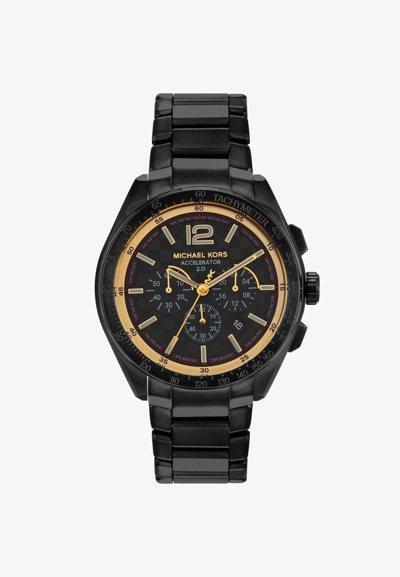 Orologio in acciaio inox nero con cassa ottagonale, dettagli dorati, quadrante nero texturizzato, funzioni cronografo e lunetta tachimetrica.