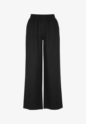 Zwarte wijde broek gemaakt van lichte stof, met een elastische tailleband voor comfort en een eenvoudig, strak ontwerp zonder patronen.