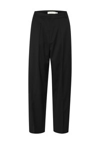 Pantaloni neri sartoriali con vita alta, pince sulla parte anteriore e design a gamba dritta. Il materiale appare lucido e liscio.