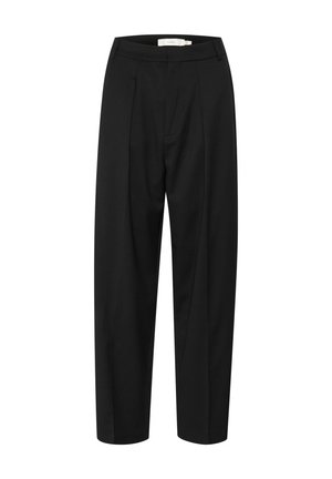 Schwarze maßgeschneiderte Hosen mit hohem Bund, Falten vorne und geradem Bein. Das Material wirkt elegant und glatt.