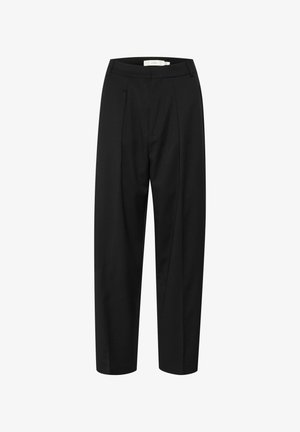 Pantaloni neri sartoriali con vita alta, pince sulla parte anteriore e design a gamba dritta. Il materiale appare lucido e liscio.