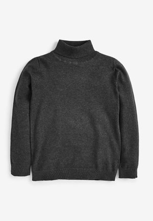 Pull col roulé manches longues gris foncé avec col, poignets et ourlet côtelés, posé à plat sur fond blanc.