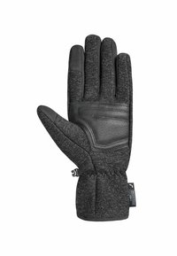 Zwarte handschoenen met een textuurstof buitenkant en leren accenten op de vingers en de palm. Manchetontwerp met een verstelbare band voor een veilige pasvorm.