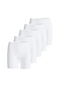 Weiße Baumwoll-Boxershorts mit glatter Textur, elastischem Bund und einer Länge bis zur Mitte des Oberschenkels. Fünf Paare sind in einer Reihe angeordnet.