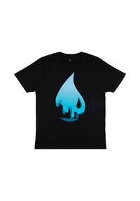 Sort bomulds t-shirt med et gradient blåt dråbe grafik, der ser ud til at dryppe, centreret på fronten. Kortærmet og med rund hals.