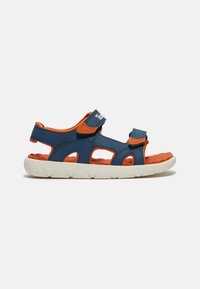 Blaue und orange offene Sandalen mit leichtem Design, verstellbaren Riemen, Ausschnitten und einer strukturierten orangen Innensohle. Gummisohle.