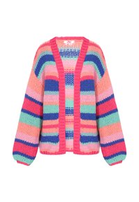 Mehrfarbiger gestrickter Cardigan mit weiten Ärmeln, der über horizontale Streifen in Pink, Blau, Grün und Lila verfügt und ein offenes Frontdesign aufweist.