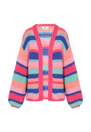 Mehrfarbiger gestrickter Cardigan mit weiten Ärmeln, der über horizontale Streifen in Pink, Blau, Grün und Lila verfügt und ein offenes Frontdesign aufweist.