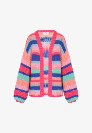Mehrfarbiger gestrickter Cardigan mit weiten Ärmeln, der über horizontale Streifen in Pink, Blau, Grün und Lila verfügt und ein offenes Frontdesign aufweist.