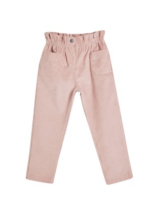 Pantalones de pana rosa con cintura elástica, dos bolsillos frontales y textura de canalé vertical. Diseño de pierna recta, ajuste casual.