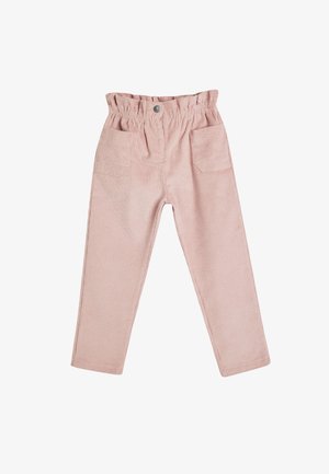 Pantaloni in corduroy rosa con vita elasticizzata, due tasche frontali e texture a righe verticali. Design a gamba dritta, vestibilità casual.