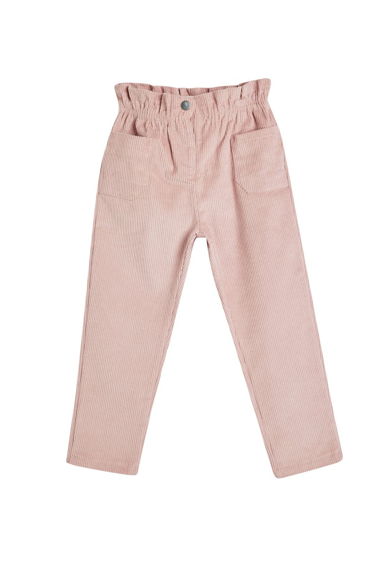 Pantalon en velours côtelé rose avec taille élastique, deux poches avant et texture côtelée verticale. Conception à jambe droite, coupe décontractée.