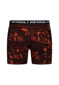 Männer Boxershorts in Schwarz mit einem orangefarbenen grafischen Aufdruck des Wortes "PETROL" und geometrischen Formen. Mit einem schwarzen elastischen Bund.