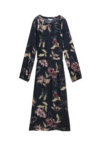 Langemouw jurk in marineblauw met bloemenpatroon, featuring een ronde halslijn, elastische taille en levendige roze en crèmekleurige bloemen. Lichtgewicht stof.
