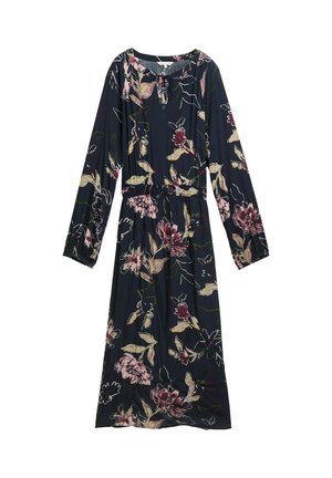 Abito floreale navy con maniche lunghe, dotato di scollatura rotonda, vita elastica e vivaci motivi floreali rosa e crema. Tessuto leggero.